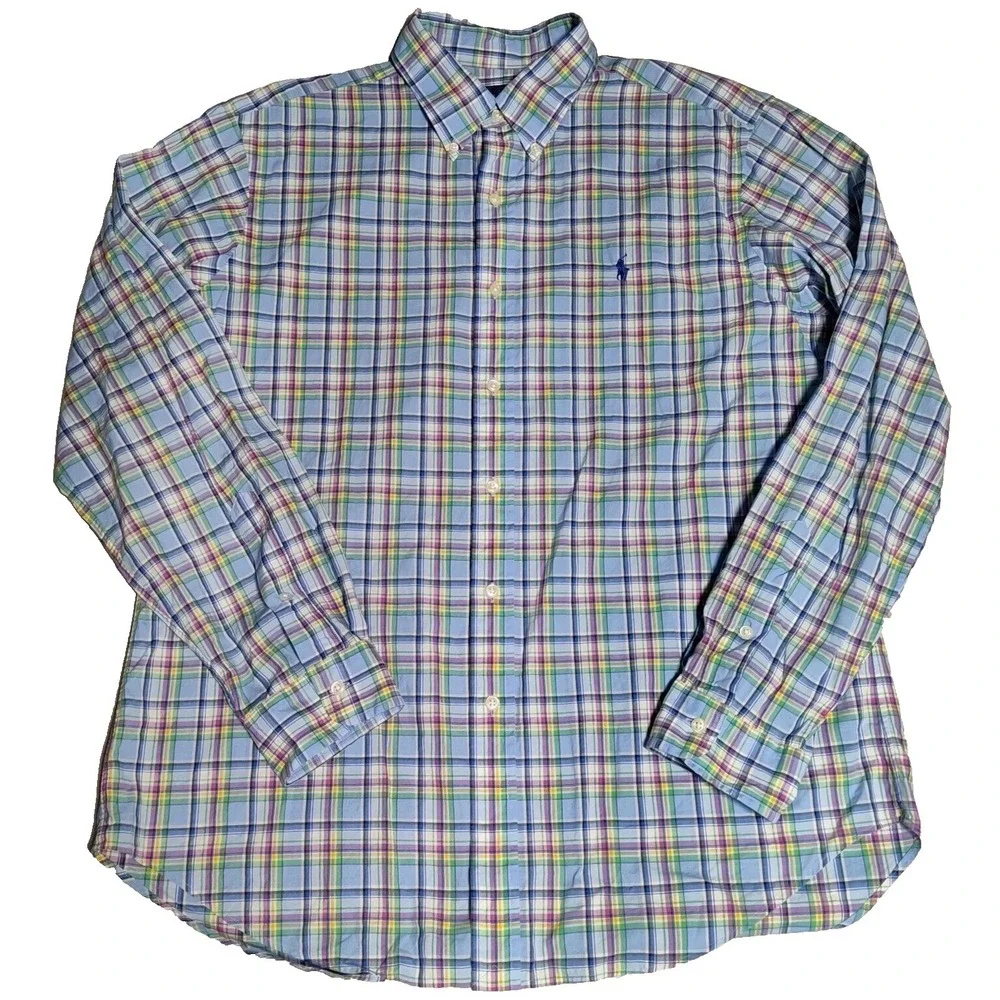 POLO RALPH LAUREN CLASSIC Men Large Blue Multi Plaid Button Long Sleeve Shirt